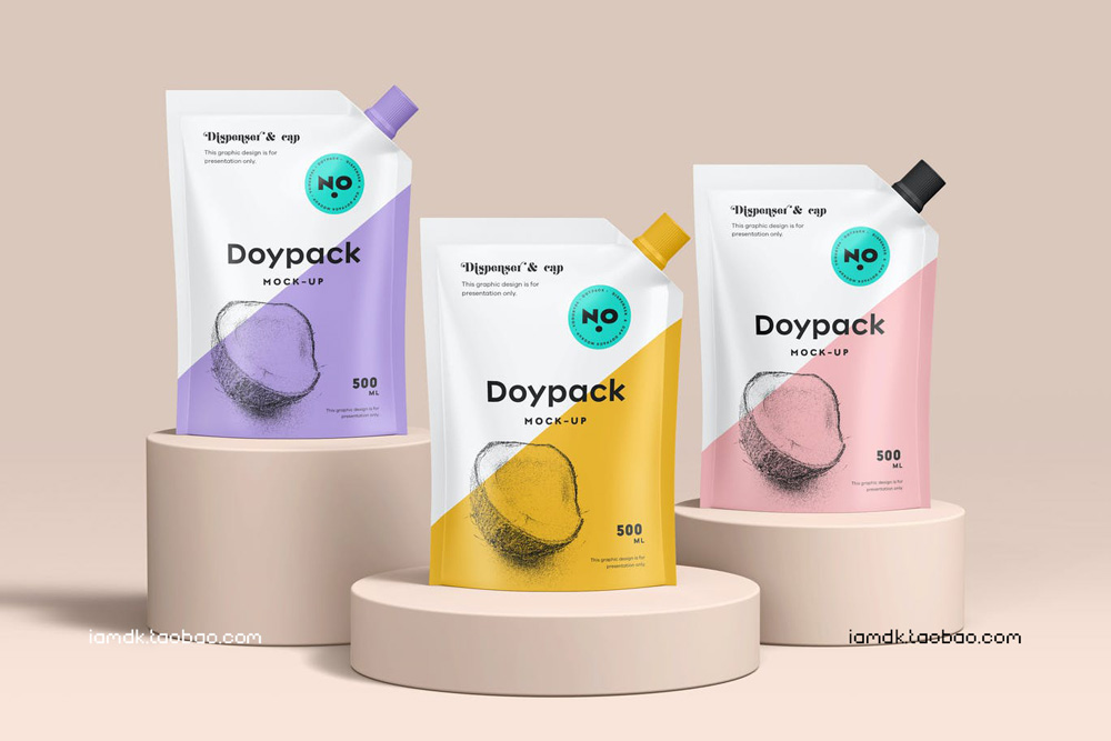 高级果汁塑料包装袋设计展示贴图样机模板 Doypack Mock-up 5_img_2