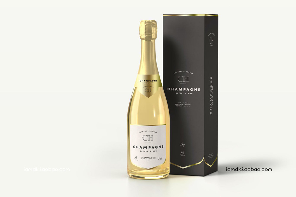 时尚葡萄酒香槟玻璃瓶贴纸设计展示PS贴图样机素材 Champagne Bottle Mock-up_img_2