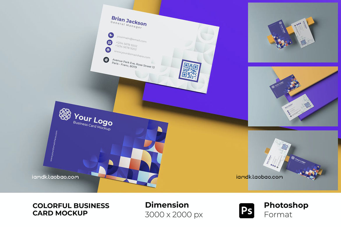 时尚商务名片卡片设计展示贴图样机PSD模板素材 Colorful Business Card Mockup_img_2