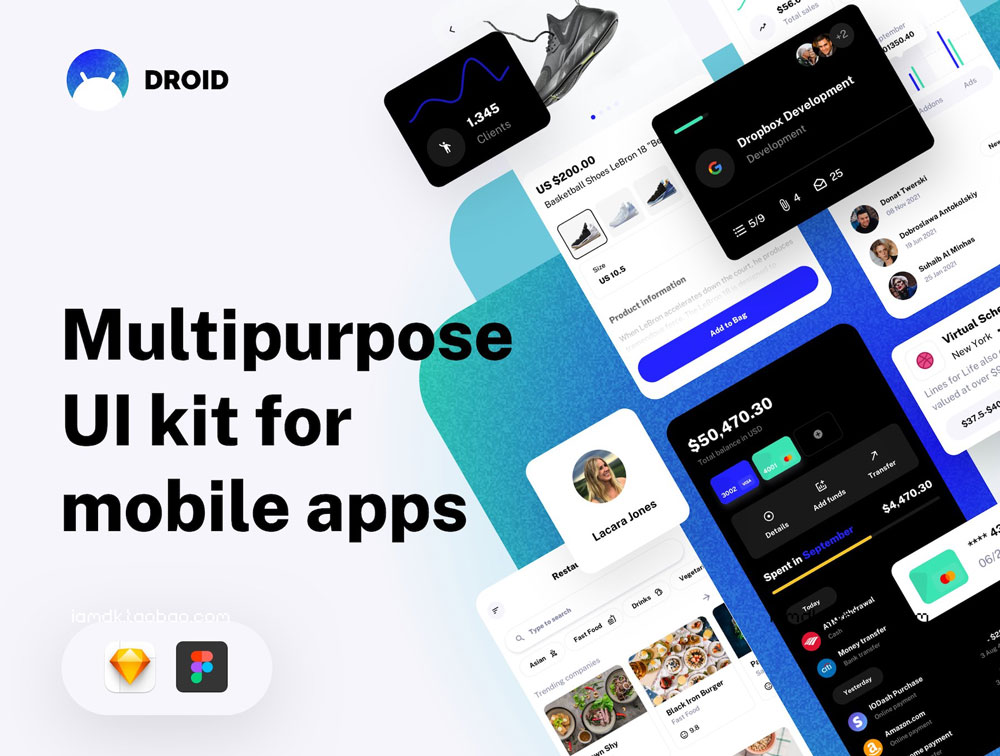 260+购物社交项目管理数据分析多用途App设计UI套件模板 Droid - Multipurpose UI Kit for Mobile Apps_img_2