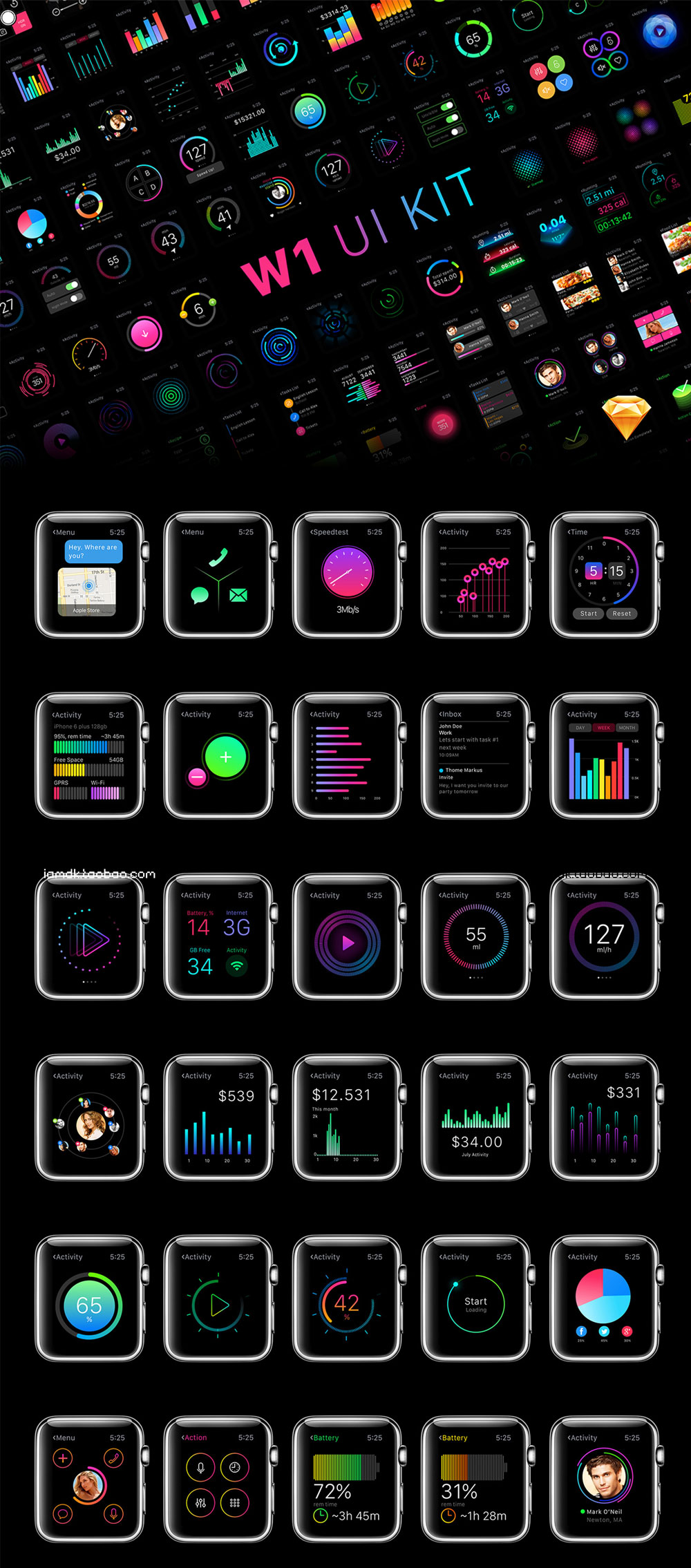 200多个Apple Watch应用程序界面设计UI套件素材 W1 UI Kit_img_2