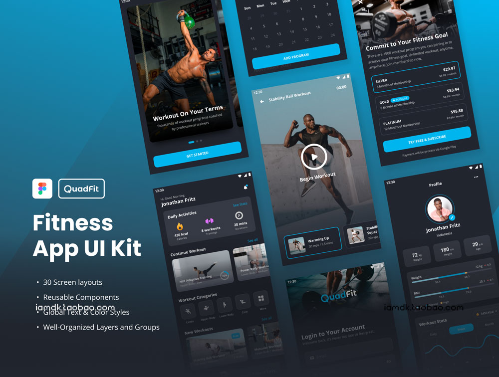 时尚锻炼健身应用程序APP界面设计UI套件素材 QuadFit - Fitness App UI Kit_img_2