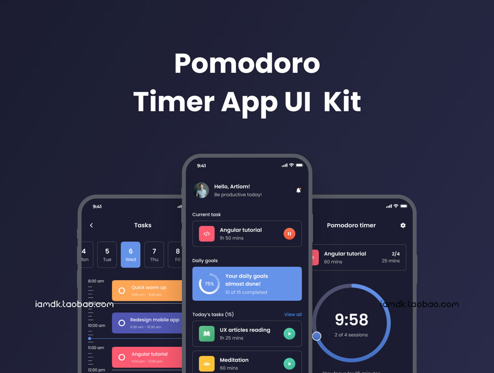 多用途人物管理器APP应用程序界面设计UI套件素材 Pomodoro Mobile UI Kit_img_2