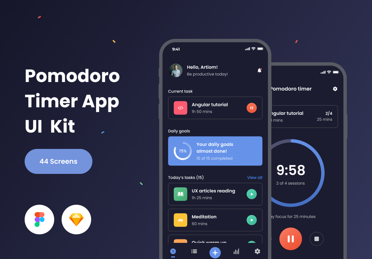 多用途人物管理器APP应用程序界面设计UI套件素材 Pomodoro Mobile UI Kit_img_2