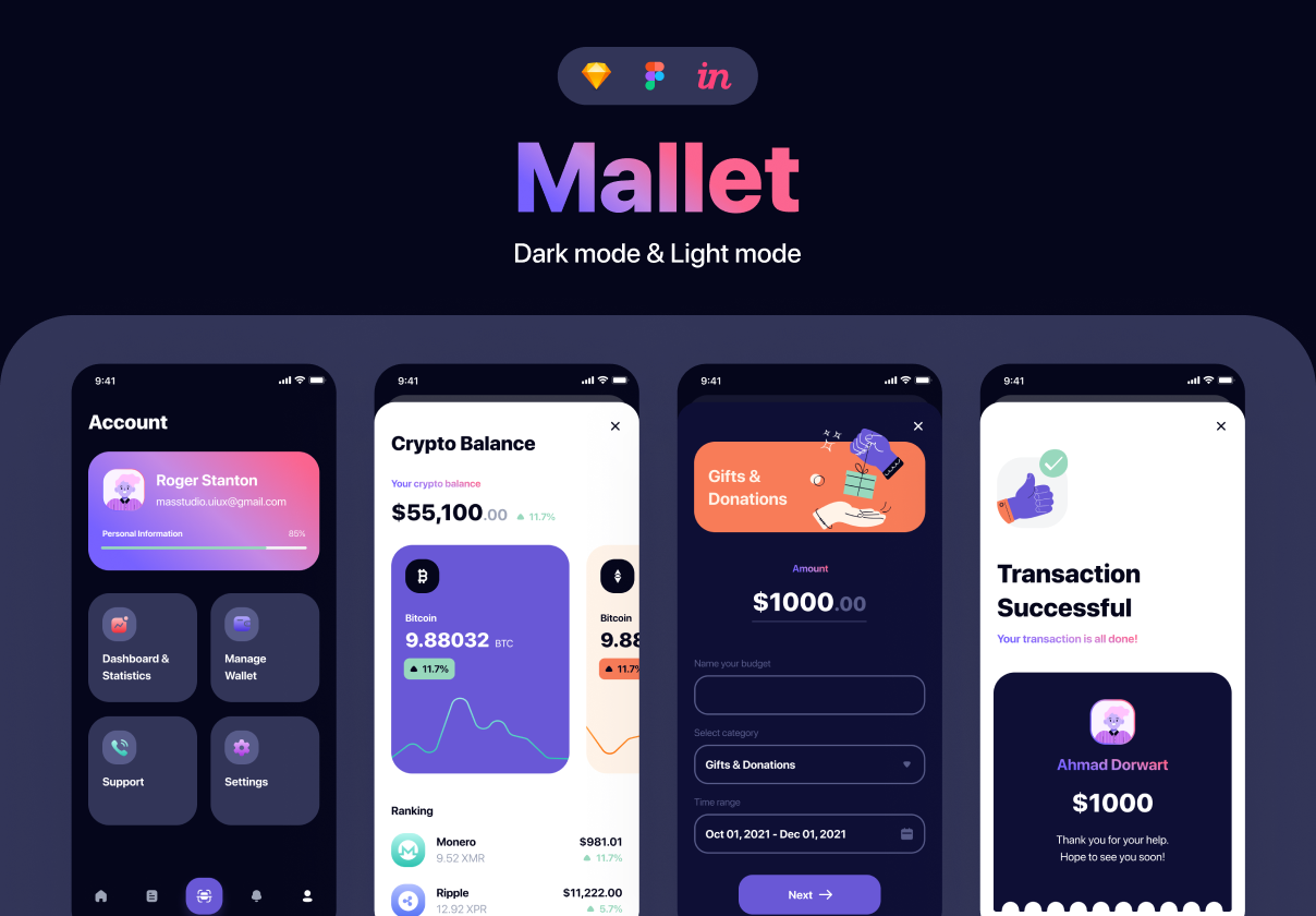 手机银行金融理财APP软件界面设计UI套件素材 Mallet - Light mode & Dark mode UI Kit_img_2