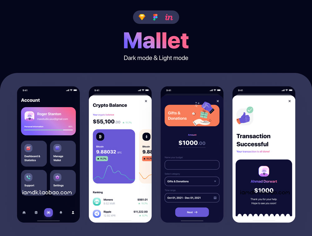 手机银行金融理财APP软件界面设计UI套件素材 Mallet - Light mode & Dark mode UI Kit_img_2