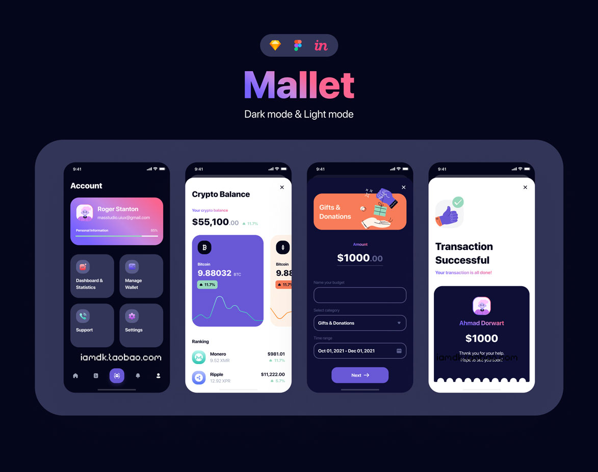 手机银行金融理财APP软件界面设计UI套件素材 Mallet - Light mode & Dark mode UI Kit_img_2