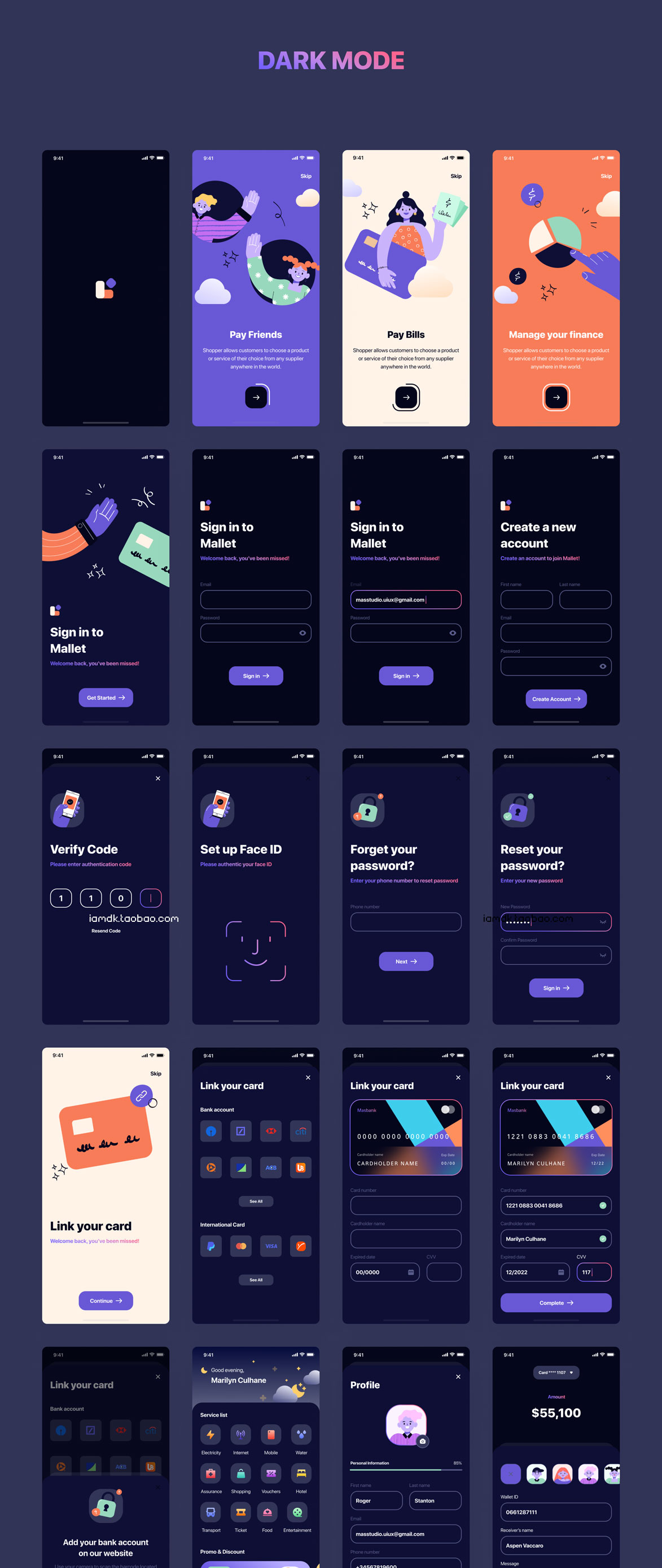 手机银行金融理财APP软件界面设计UI套件素材 Mallet - Light mode & Dark mode UI Kit_img_2