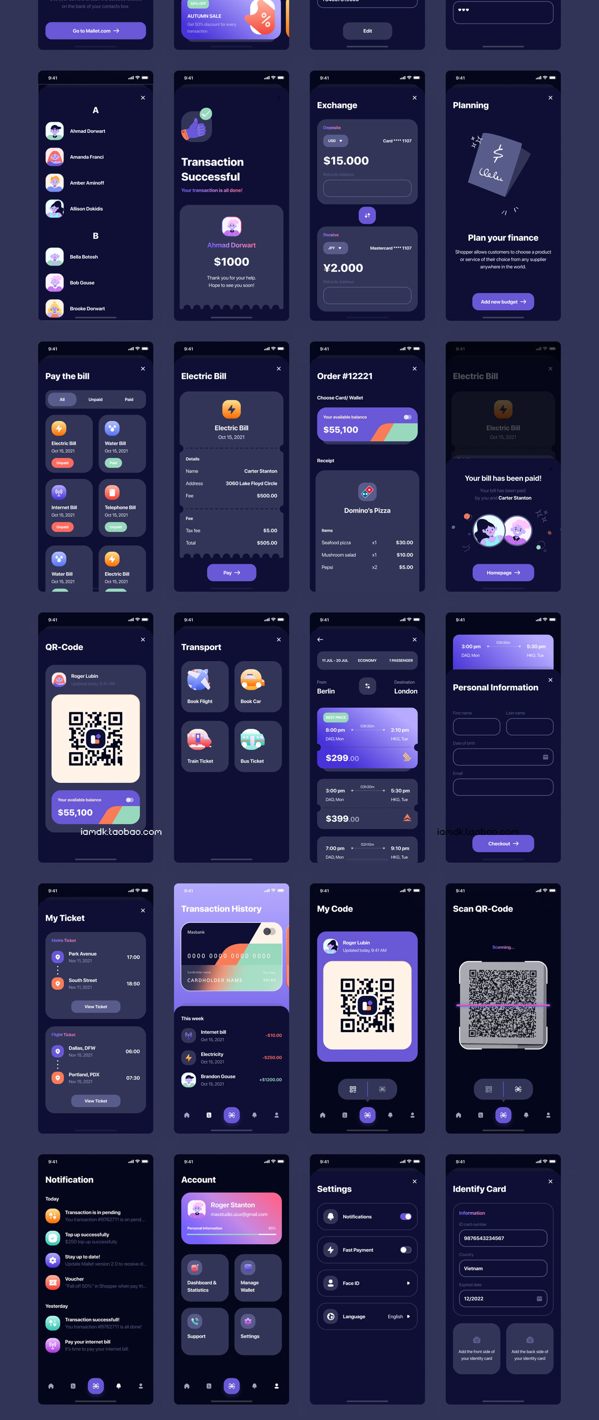 手机银行金融理财APP软件界面设计UI套件素材 Mallet - Light mode & Dark mode UI Kit_img_2