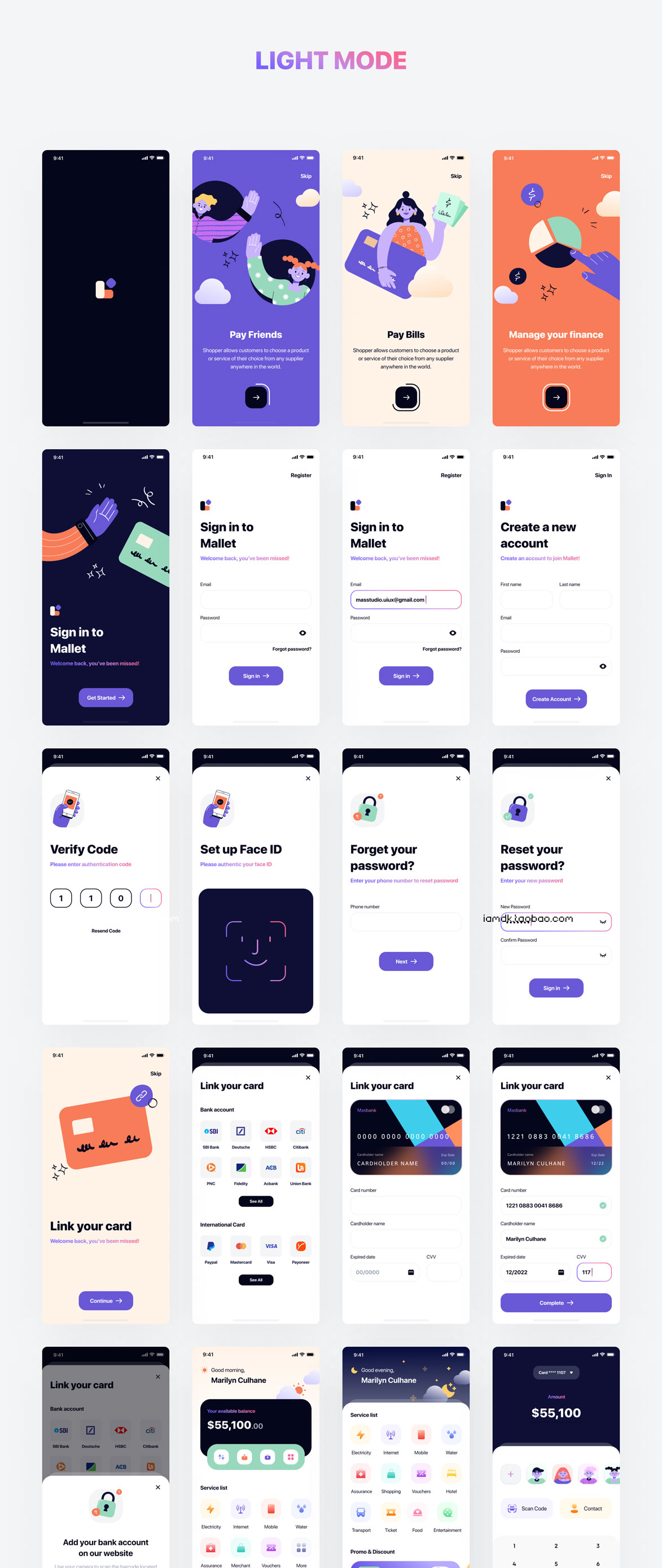 手机银行金融理财APP软件界面设计UI套件素材 Mallet - Light mode & Dark mode UI Kit_img_2