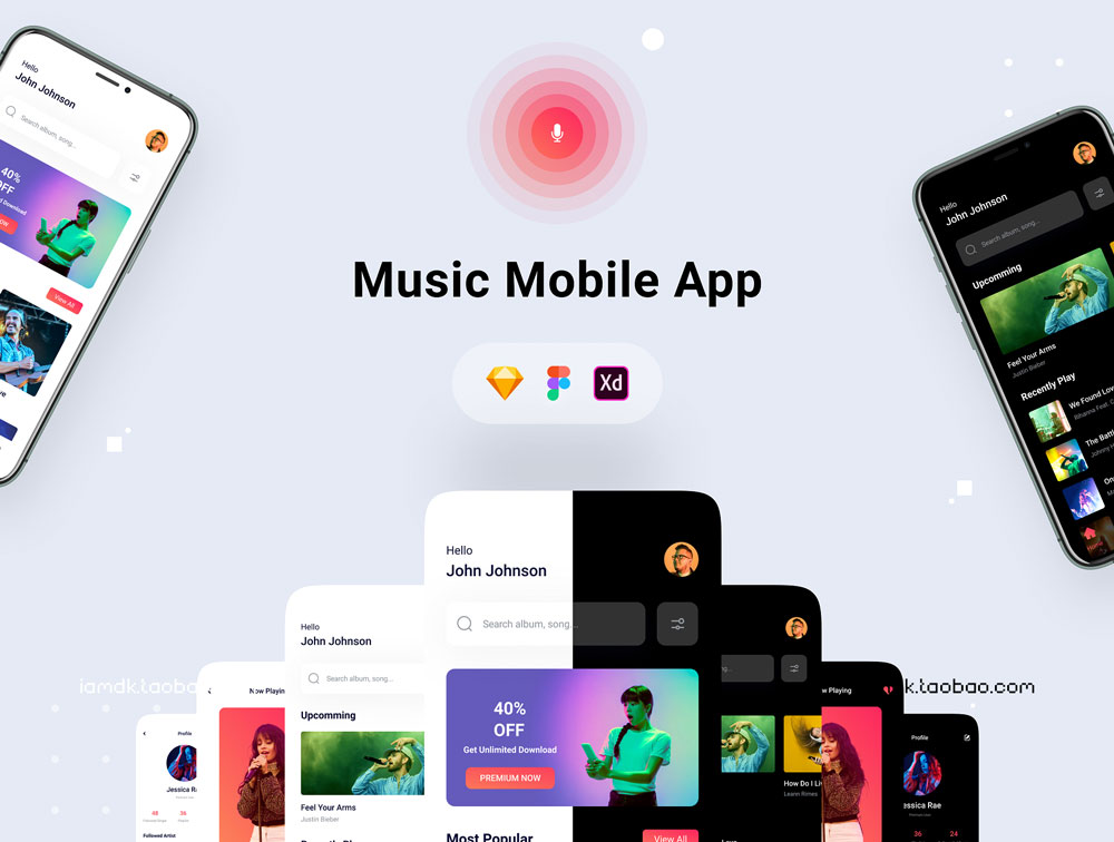 在线播放音乐听歌App多媒体手机界面光暗样式设计模板下载 Music App UI kit_img_2