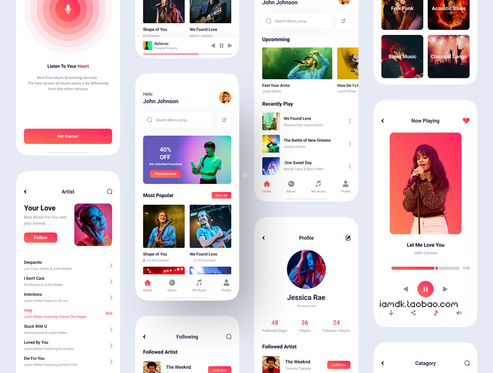 在线播放音乐听歌App多媒体手机界面光暗样式设计模板下载 Music App UI kit_img_2