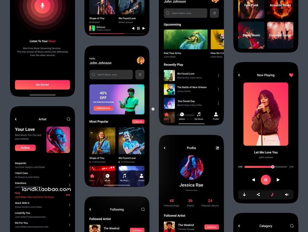 在线播放音乐听歌App多媒体手机界面光暗样式设计模板下载 Music App UI kit_img_2