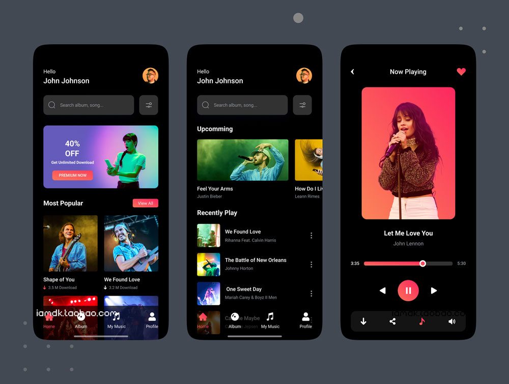 在线播放音乐听歌App多媒体手机界面光暗样式设计模板下载 Music App UI kit_img_2