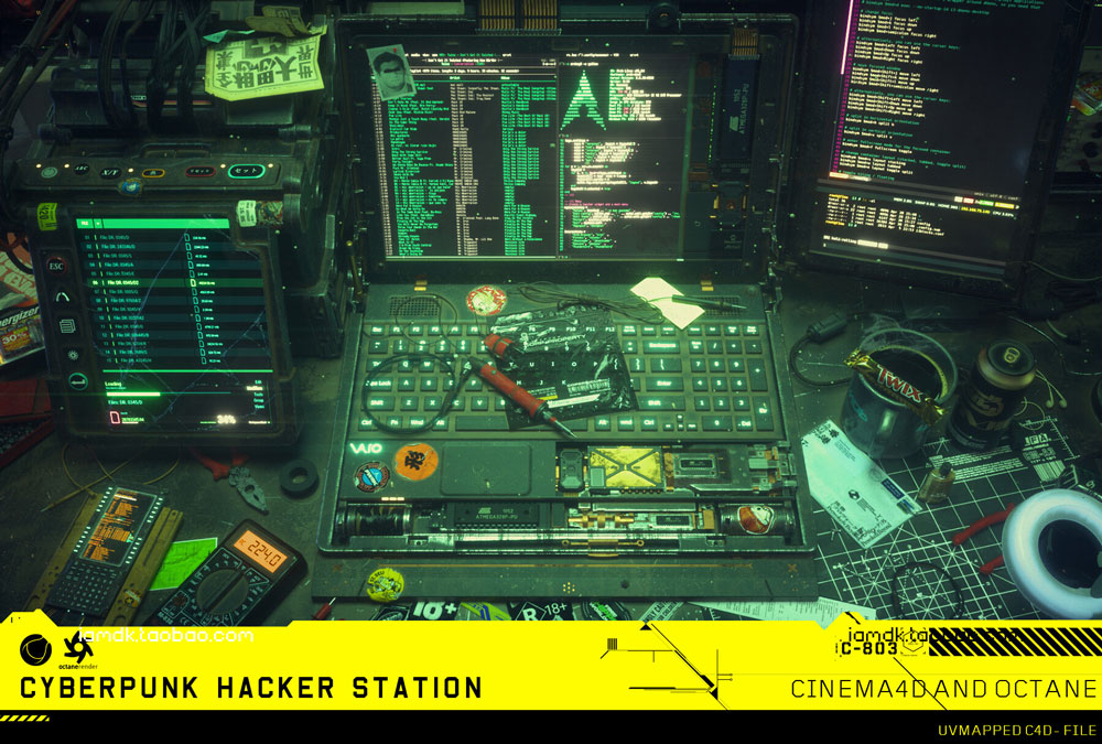 OC工程-赛博朋克游戏黑客工作电脑场景工程C4D设计素材 Hacking Workspace Scene C4d and Octane_img_2