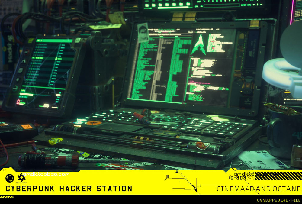 OC工程-赛博朋克游戏黑客工作电脑场景工程C4D设计素材 Hacking Workspace Scene C4d and Octane_img_2