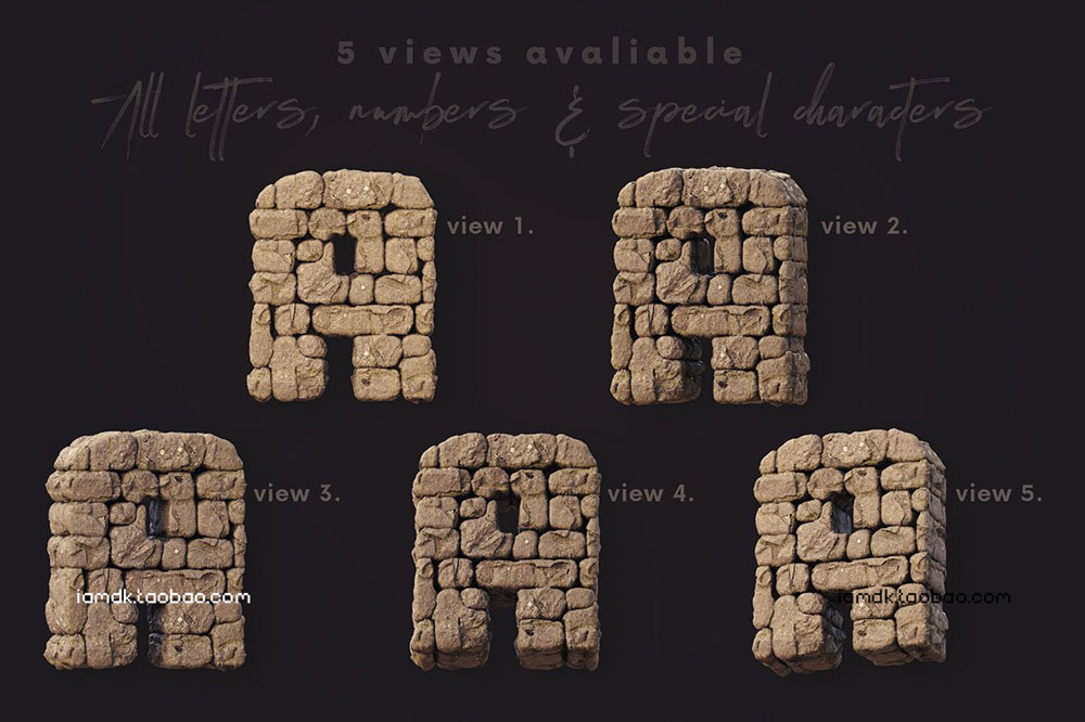 3D创意石墙材质英文字母数字PNG免扣图片设计素材 Stone Wall - 3D Lettering_img_2