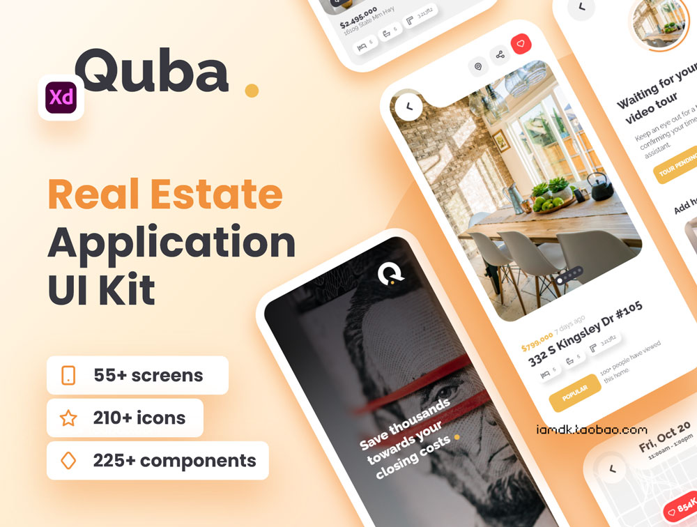 时尚房地产房屋租赁出售应用程序APP界面设计XD模板 Quba - Real Estate Application UI Kit for Adobe XD_img_2