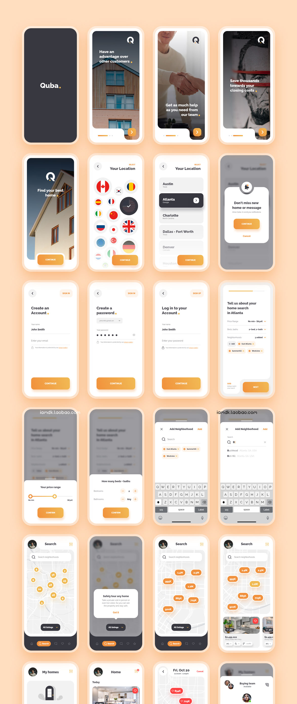 时尚房地产房屋租赁出售应用程序APP界面设计XD模板 Quba - Real Estate Application UI Kit for Adobe XD_img_2