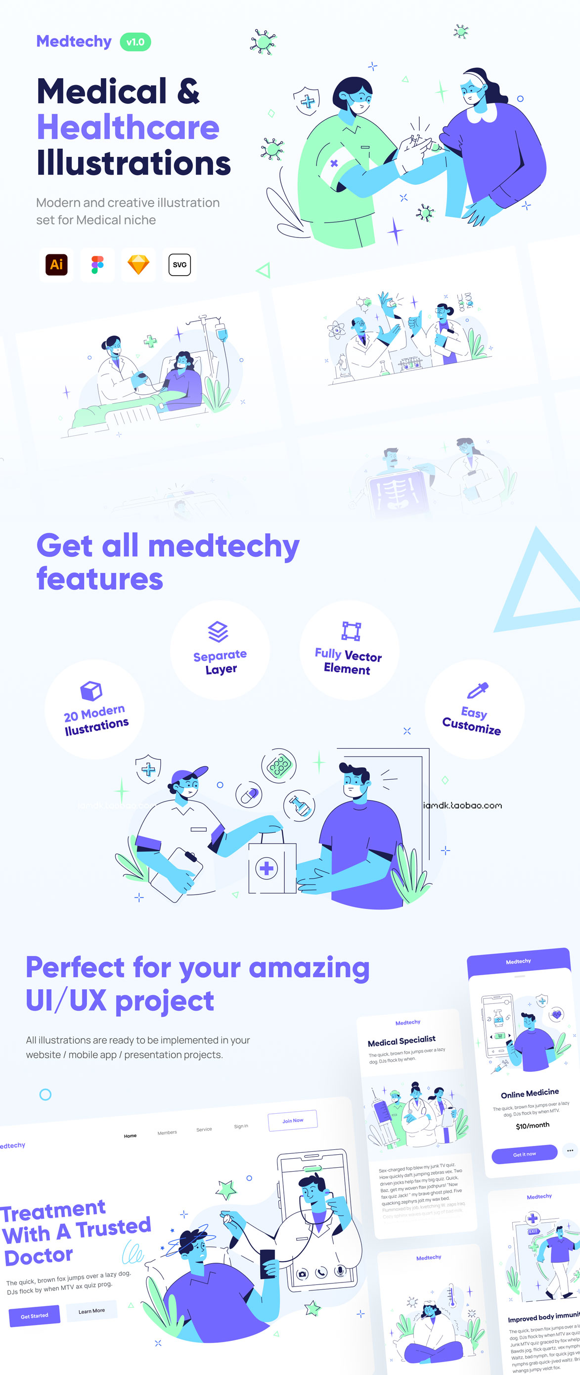 医疗保健主题网站APP界面设计矢量插图素材 Medtechy - Medical & Healthcare Illustration Set_img_2