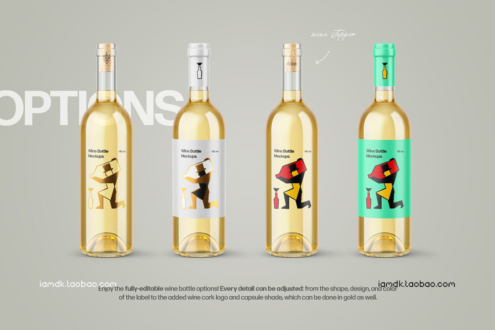 透明葡萄酒红酒玻璃瓶贴纸设计展示PS样机源文件 Wine Glass & Bottles Mockup_img_2