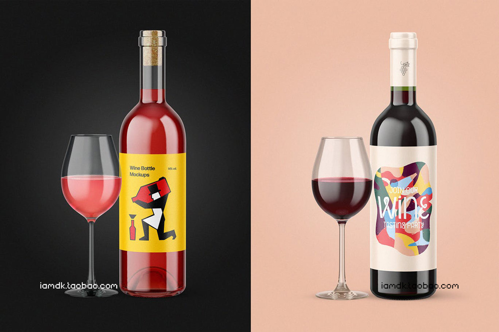 透明葡萄酒红酒玻璃瓶贴纸设计展示PS样机源文件 Wine Glass & Bottles Mockup_img_2