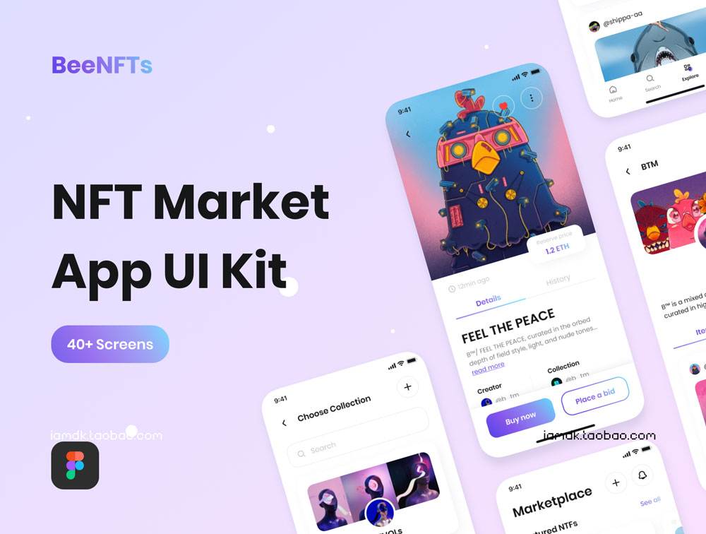 NFT主题应用程序APP界面设计FIGMA模板素材 BeeNFTs - NFT Market App UI Kit_img_2