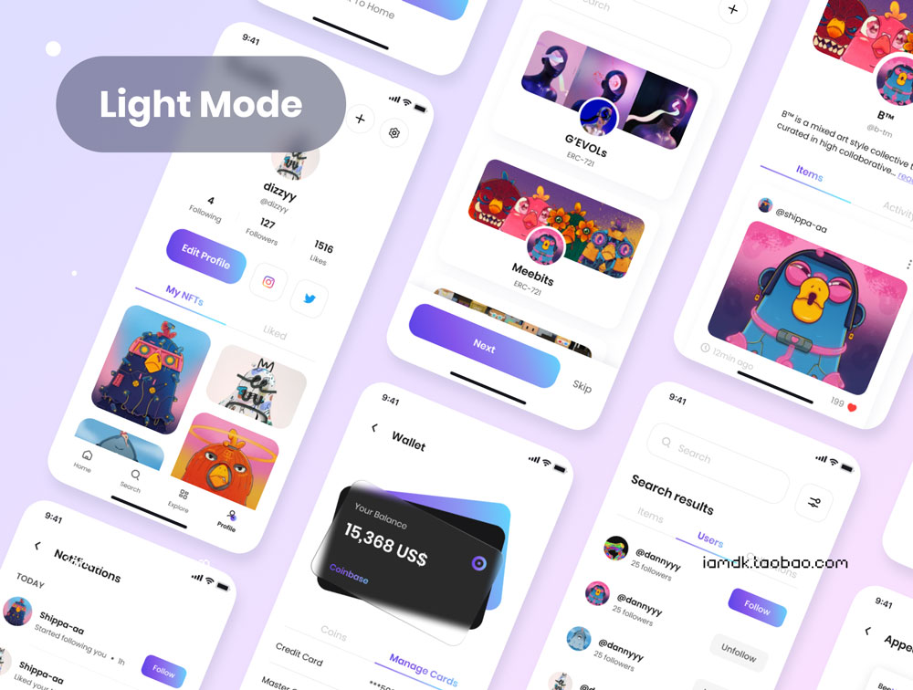 NFT主题应用程序APP界面设计FIGMA模板素材 BeeNFTs - NFT Market App UI Kit_img_2