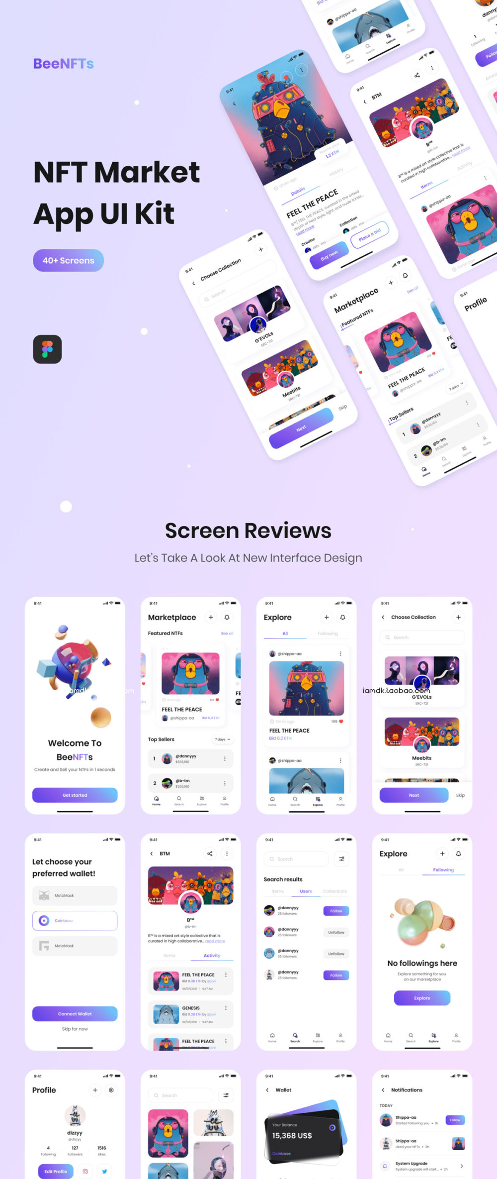 NFT主题应用程序APP界面设计FIGMA模板素材 BeeNFTs - NFT Market App UI Kit_img_2