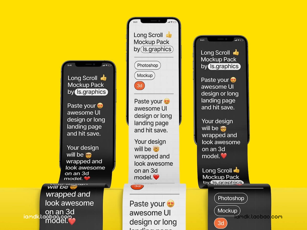 网站&APP界面设计炫酷长卷褶皱弯曲效果苹果设备屏幕展示贴图Ps样机源文件 Long Scroll Mockups_img_2