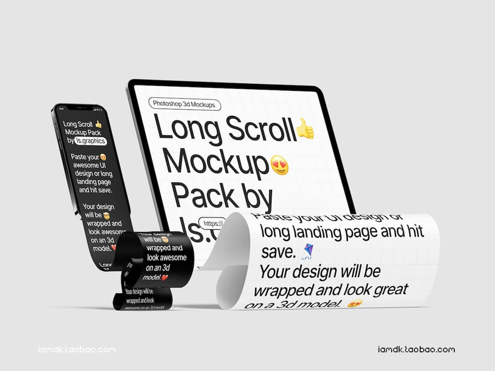 网站&APP界面设计炫酷长卷褶皱弯曲效果苹果设备屏幕展示贴图Ps样机源文件 Long Scroll Mockups_img_2