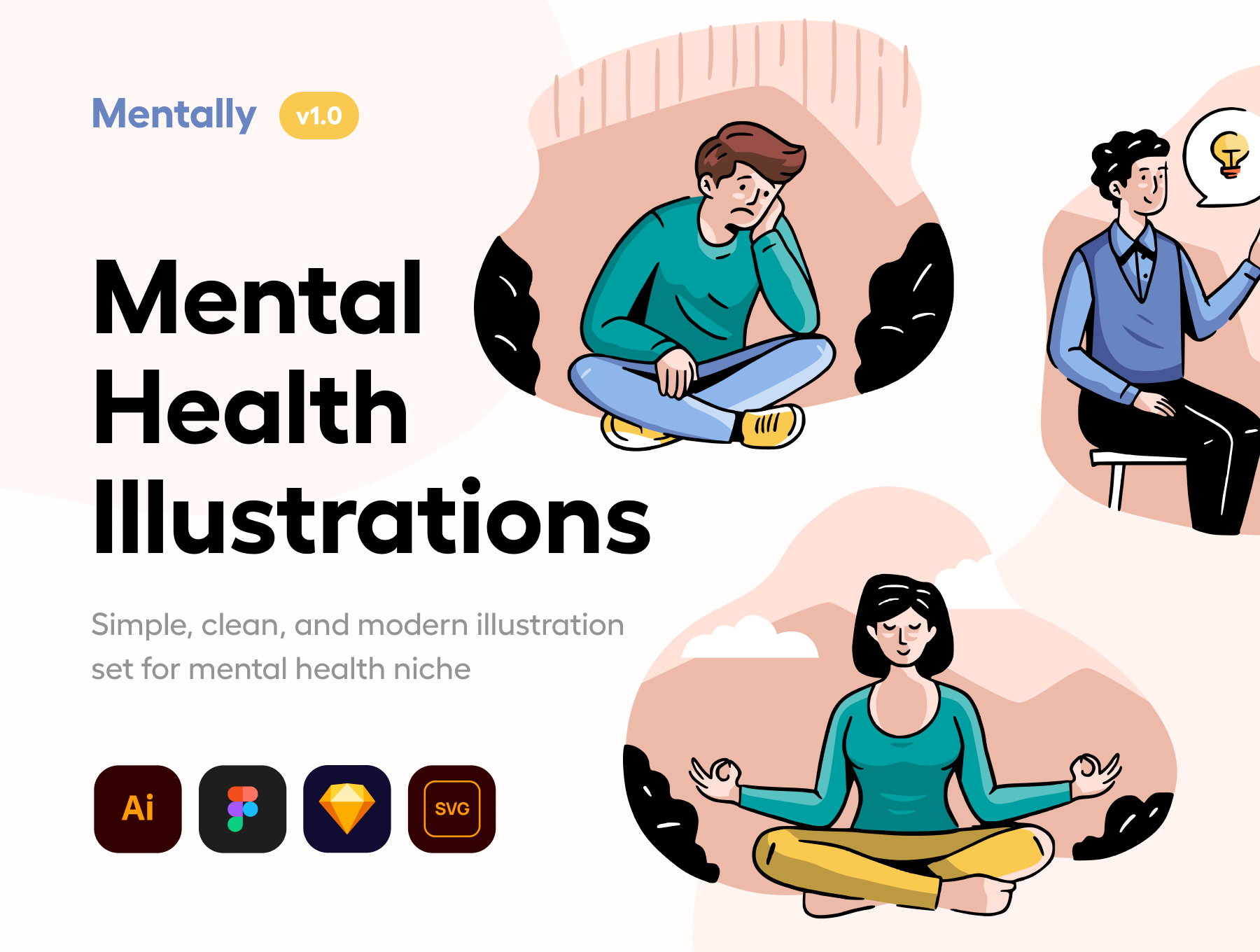 心里健康主题人物矢量插图APP&网站界面设计套件素材 Mentally - Mental health Illustration Set_img_2