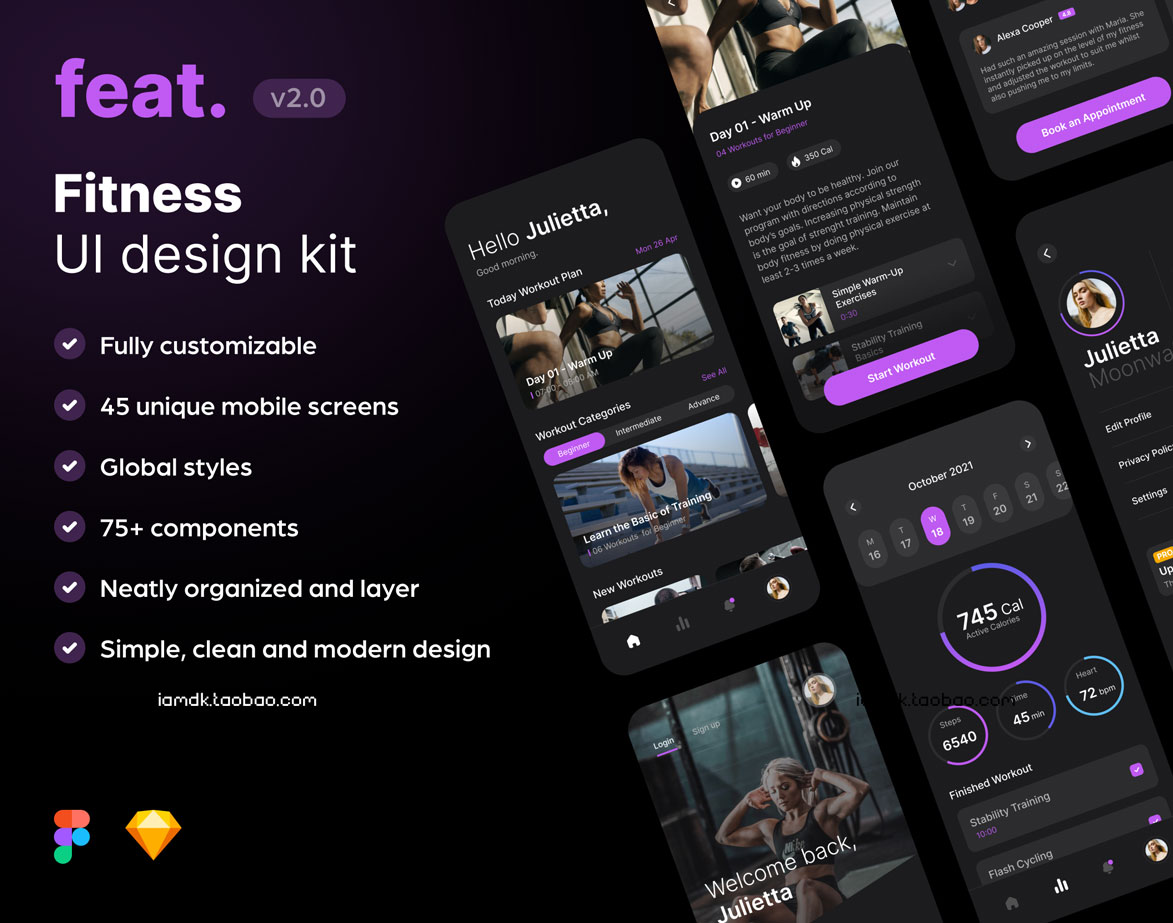高品质健身锻炼应用程序APP界面设计UI套件 Feat Fitness UI Design Kit_img_2