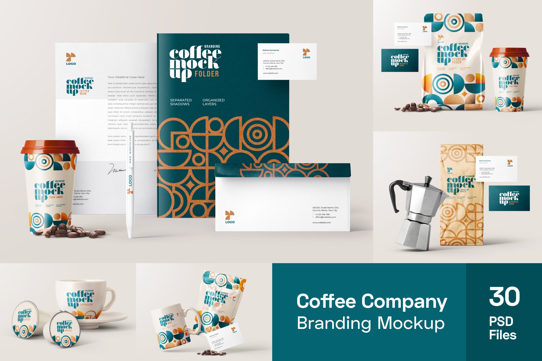 30款咖啡品牌VI设计名片包装袋纸杯马克杯贴图样机模板 Coffee Branding Mockup Bundle_img_2