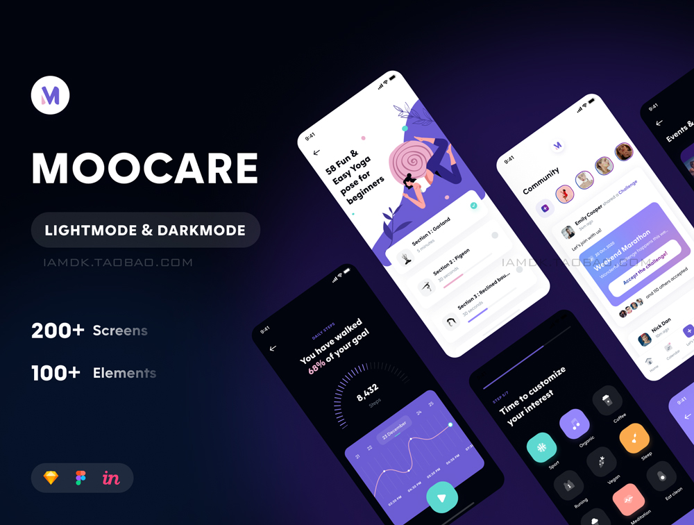 健身锻炼健康生活方式应用程序APP UI界面设计套件 Moocare - Light mode & dark mode_img_2