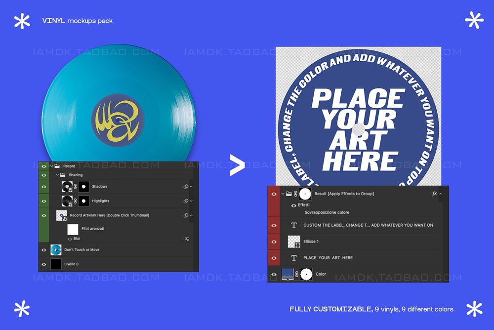 11款潮流炫彩嘻哈电音黑胶唱片CD设计效果展示Ps贴图样机模板素材 Colored Vinyls Mockup Pack_img_2