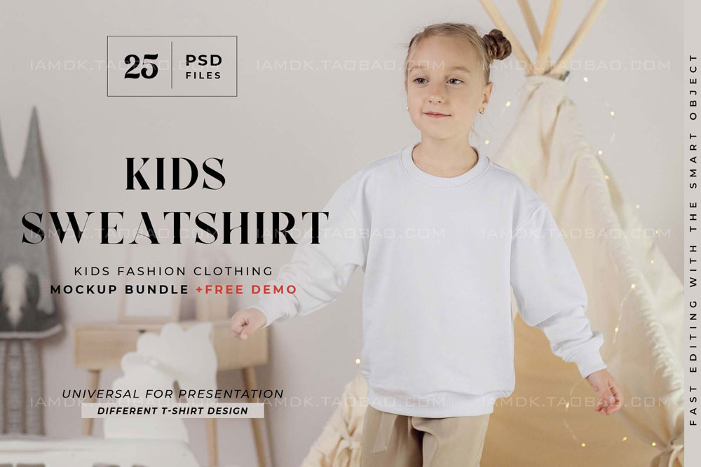 25款女童圆领卫衣印花图案设计展示贴图样机PSD模板源文件 Kids Sweatshirt Mock-up Bundle_img_2