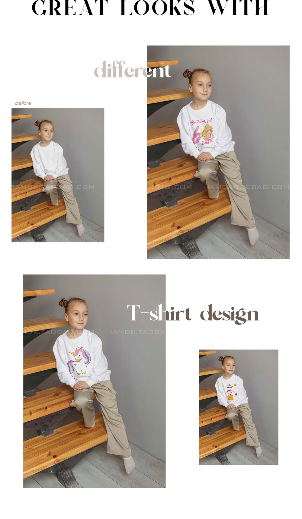 25款女童圆领卫衣印花图案设计展示贴图样机PSD模板源文件 Kids Sweatshirt Mock-up Bundle_img_2