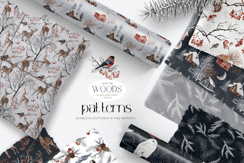 冬季圣诞节主题动物鸟类雪地森林手绘剪贴画图片素材 Winter Woodland Seamless Patterns PNG_img_2