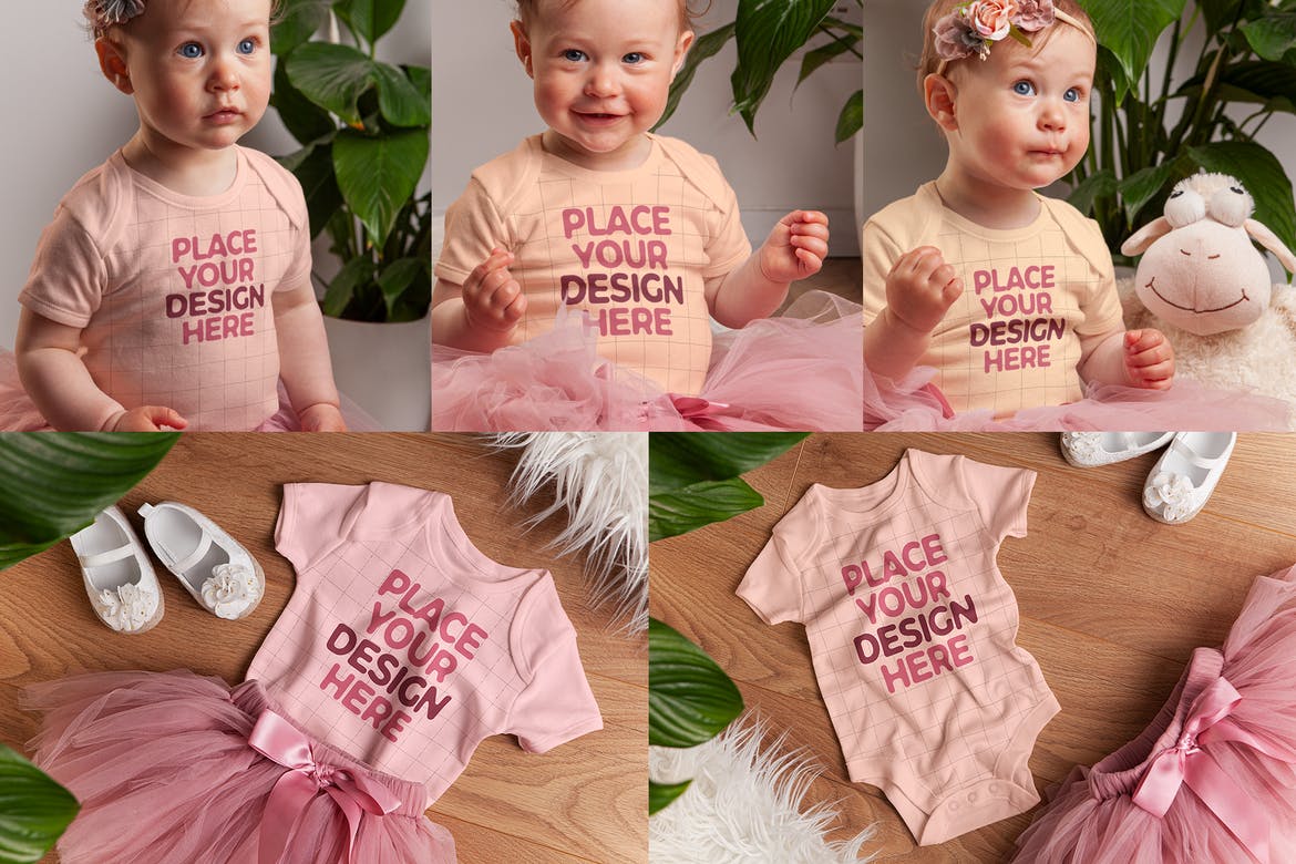 女婴紧身连衣裤印花图案设计展示贴图样机模板 Baby Girl Bodysuit Mock-up_img_2