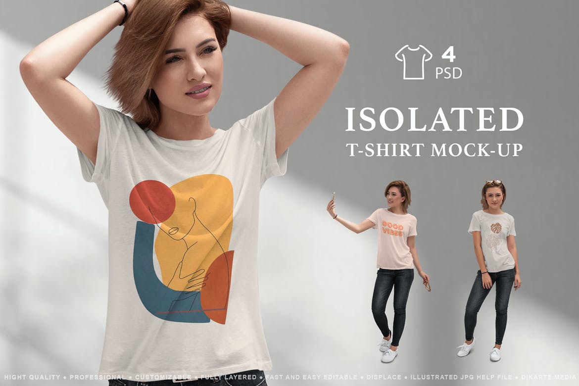 女士半袖T恤印花设计展示贴图样机 T-Shirt Mock-Up Isolated Girls_img_2