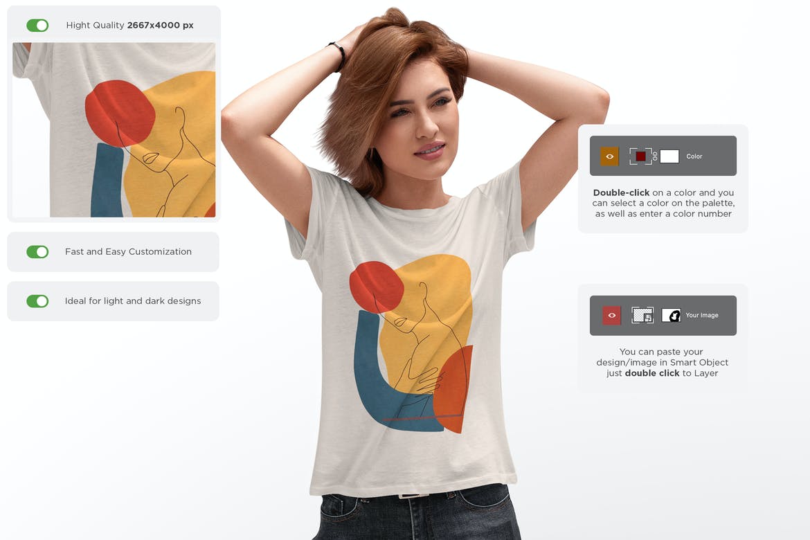 女士半袖T恤印花设计展示贴图样机 T-Shirt Mock-Up Isolated Girls_img_2