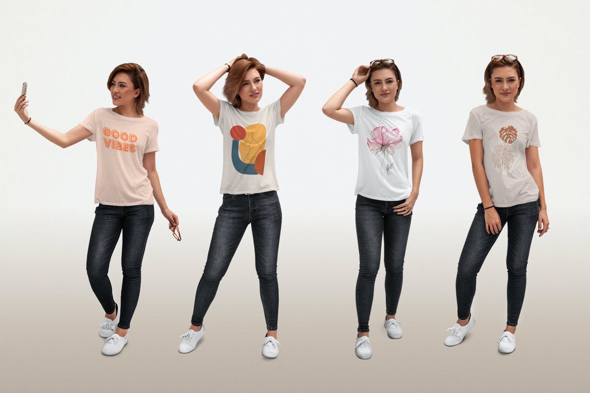 女士半袖T恤印花设计展示贴图样机 T-Shirt Mock-Up Isolated Girls_img_2