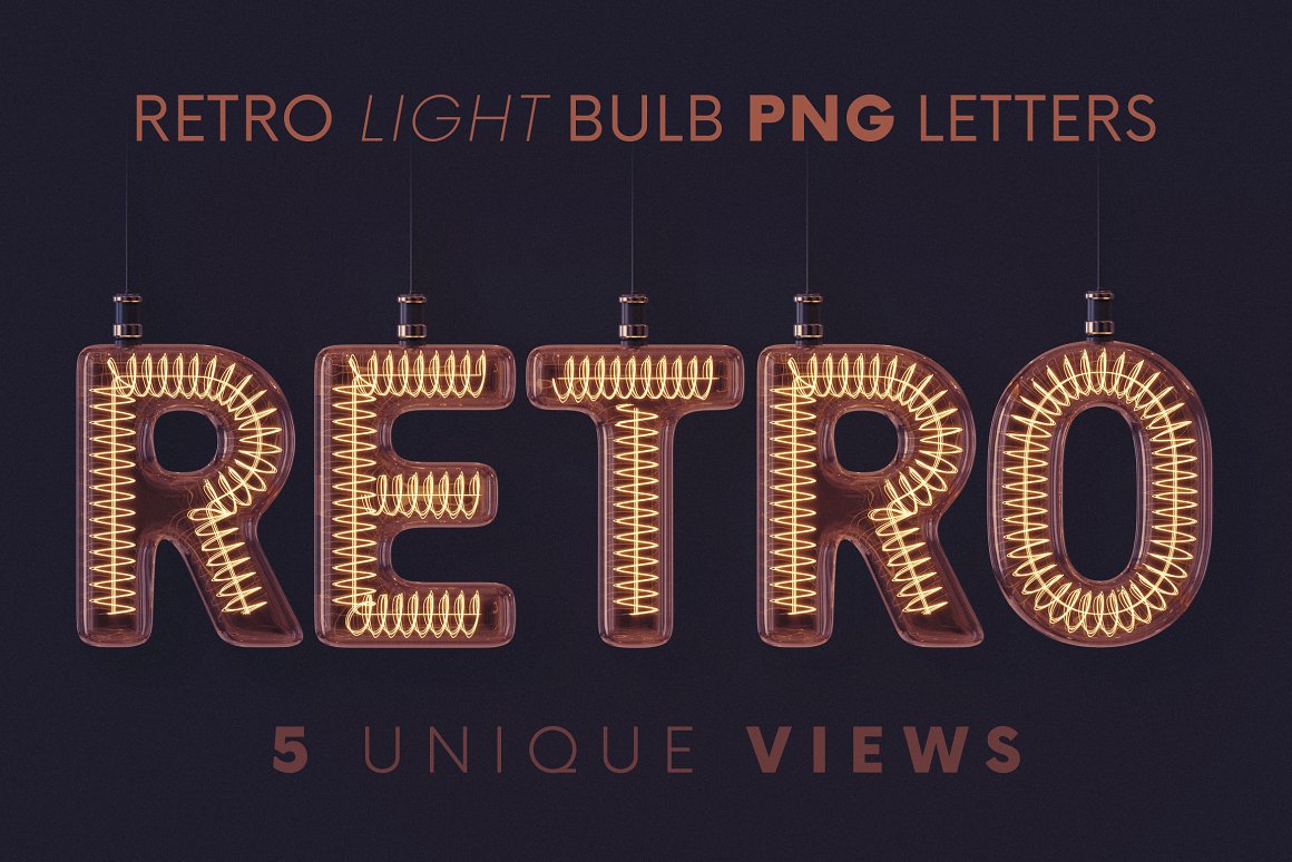 3D创意复古赛博朋克风灯泡数字字母PNG免扣图片素材 Retro Light Bulbs - 3D Lettering_img_2