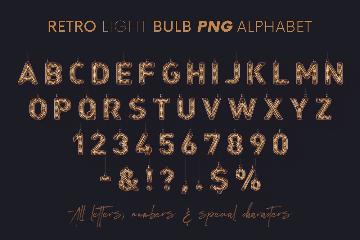 3D创意复古赛博朋克风灯泡数字字母PNG免扣图片素材 Retro Light Bulbs - 3D Lettering_img_2