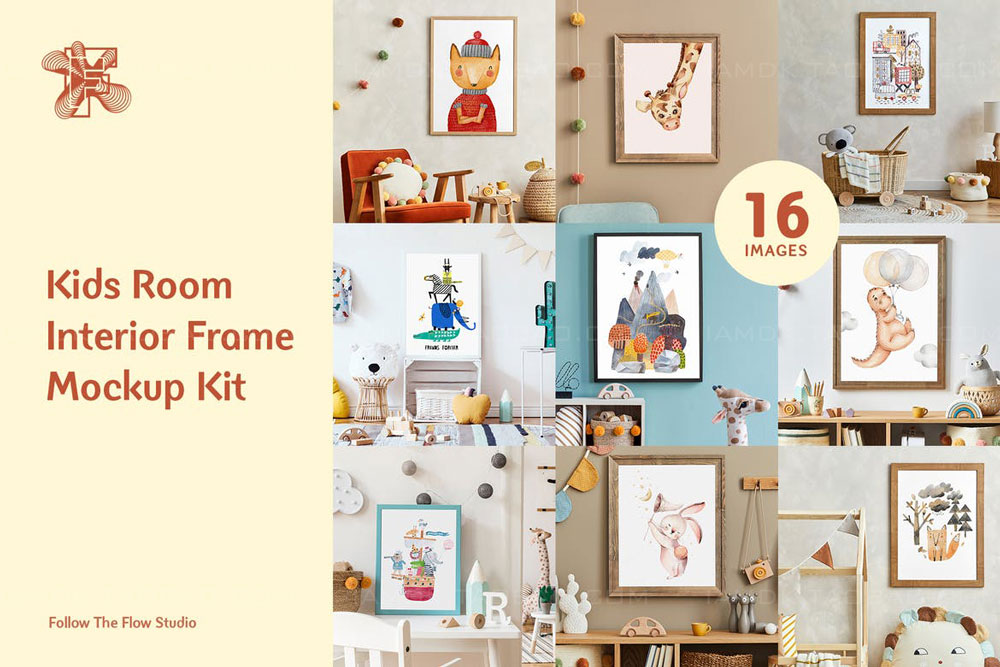 16款儿童房室内海报绘画相片装饰相框展示样机模板套件 Kids Room Artwork Frame Mockup Kit_img_2