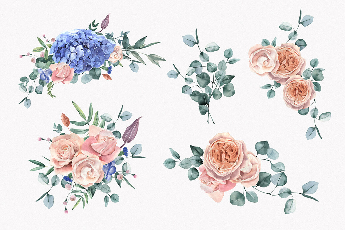 绣球花玫瑰花手绘水彩剪贴画PNG免扣图片素材 Hydrangea & Roses Watercolor Set_img_2