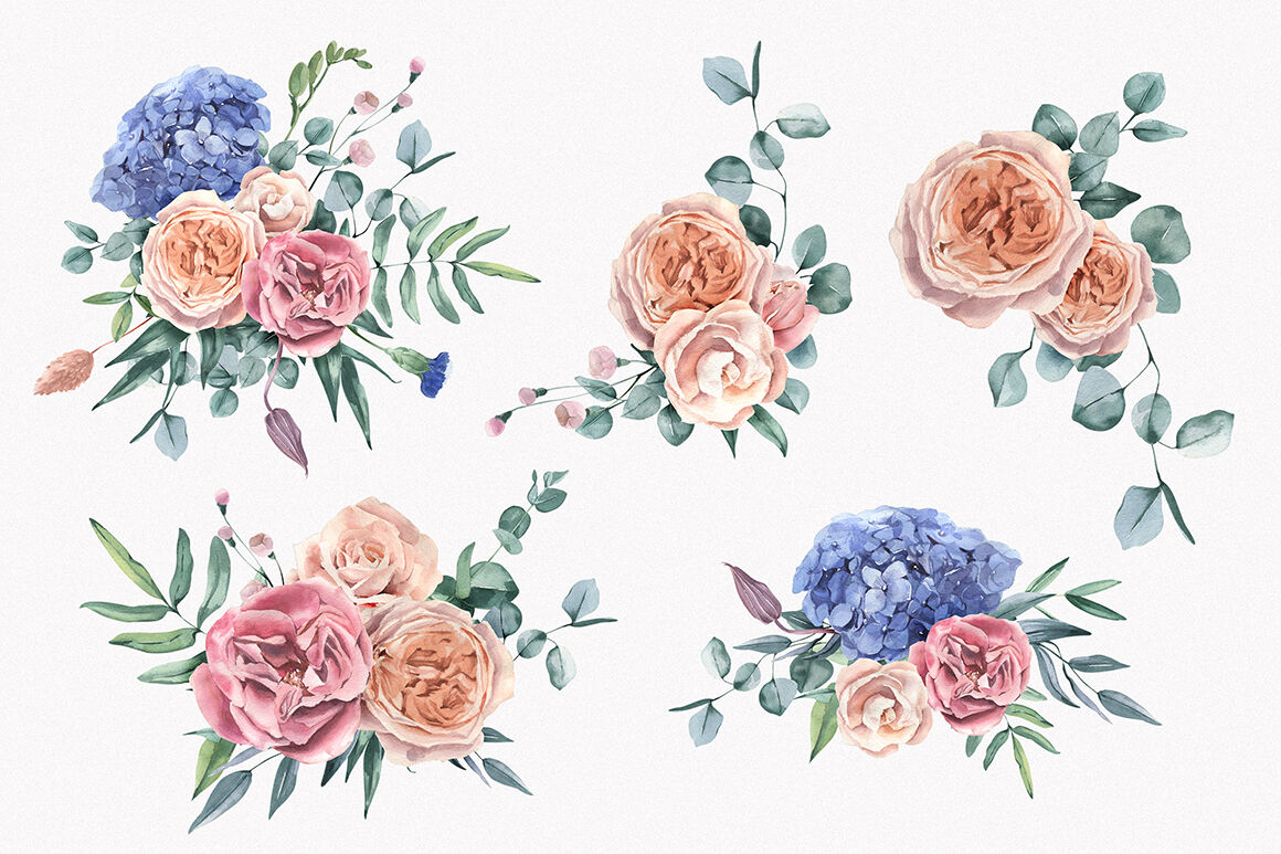 绣球花玫瑰花手绘水彩剪贴画PNG免扣图片素材 Hydrangea & Roses Watercolor Set_img_2