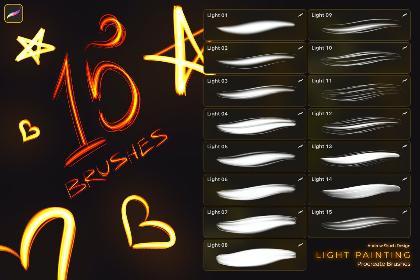 15款创意灯光艺术绘画效果iPad Pocreate笔刷素材 Light Painting Procreate Brushes_img_2