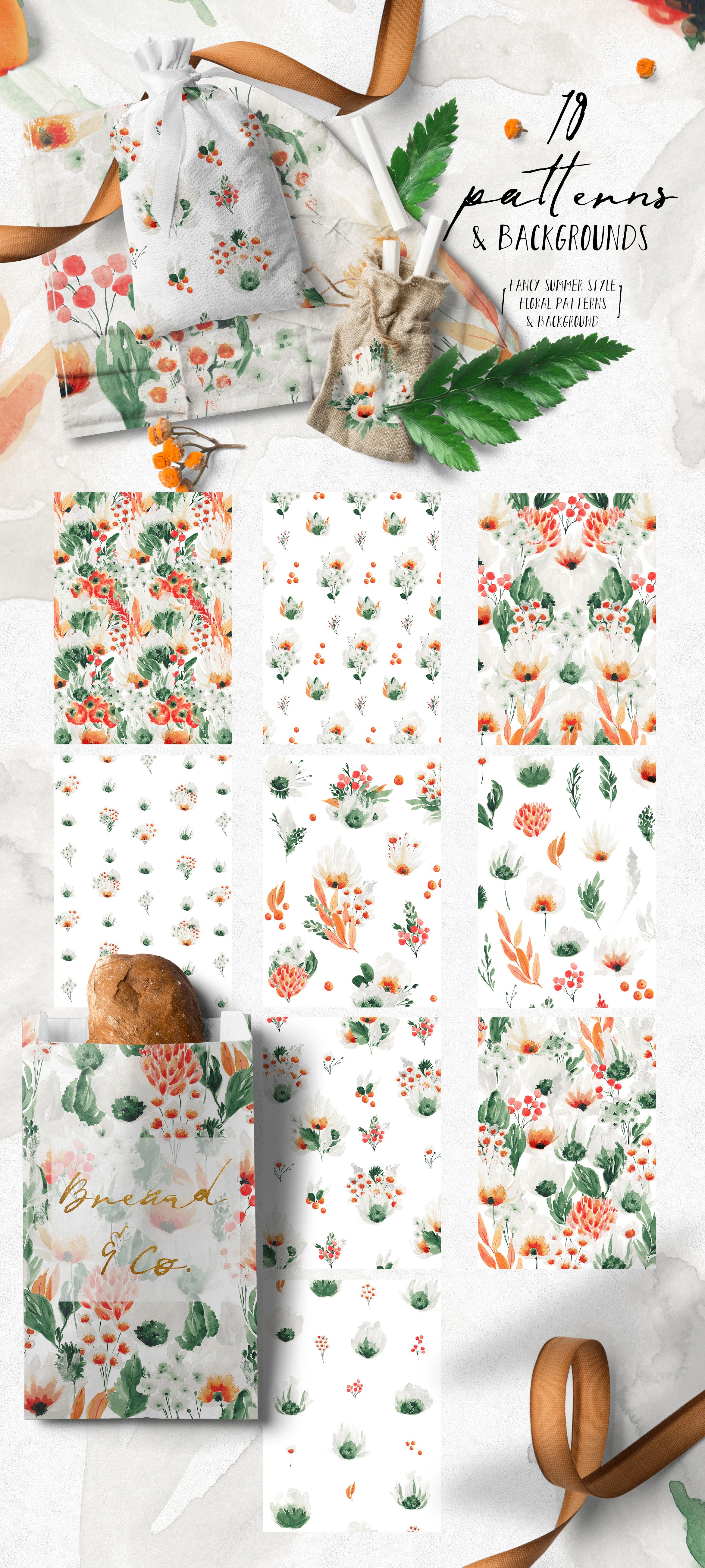 夏季野花花束树叶框架大写字母水彩背景PNG透明图片设计素材 Summer Wildflowers Illustration Pack_img_2